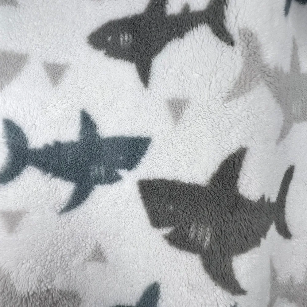 THRO Shark Baby Blanket 28x40 Loft Fleece Nursery Decor Gray White Monochrome